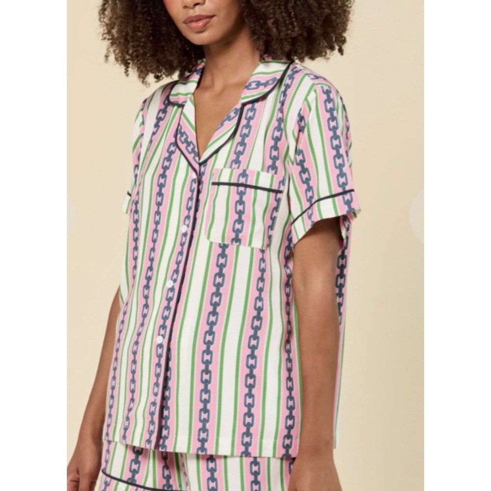 Katie Kime Chain Stripe Print Button Front Pajama Top‎ Only Graphic Size Small